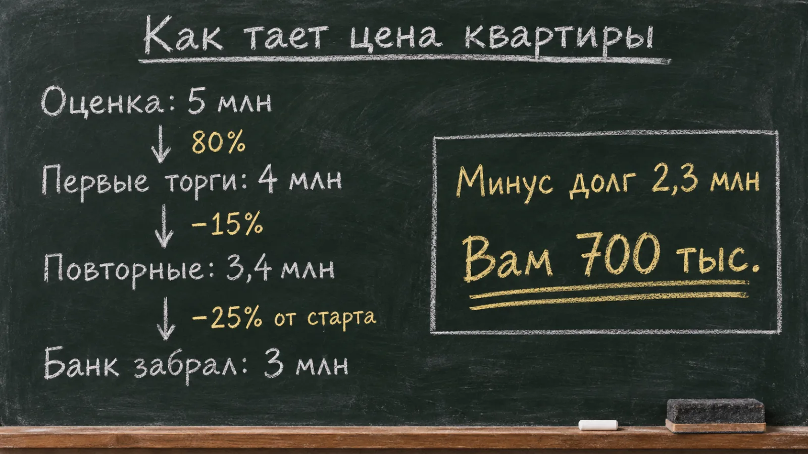 Расчёт на доске: как цена ипотечной квартиры снижается от оценки до передачи банку