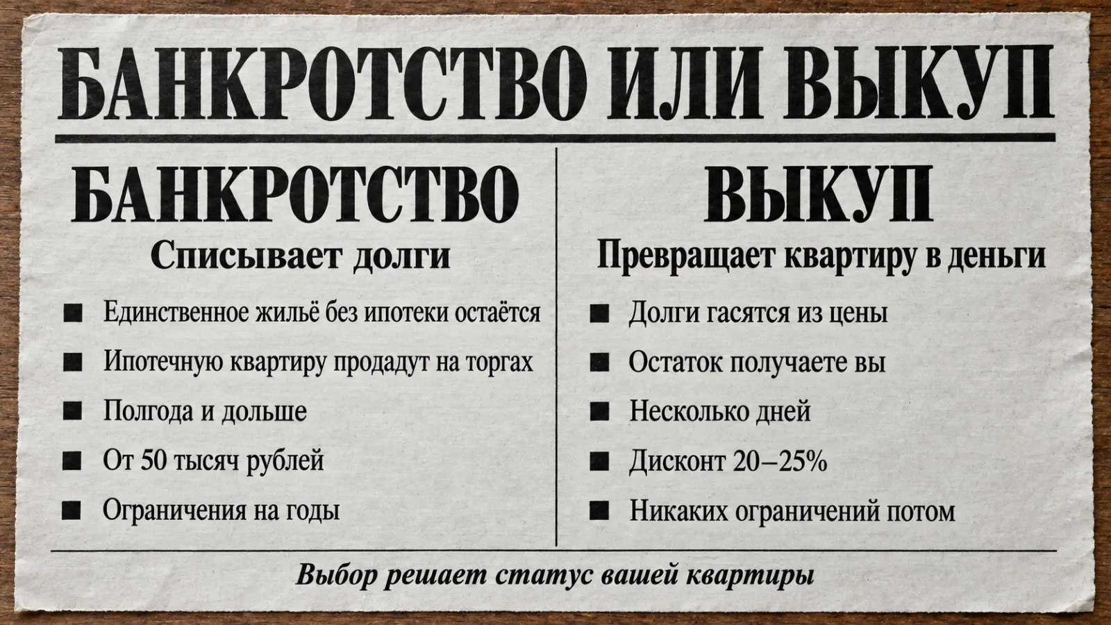 Сравнение банкротства и срочного выкупа квартиры: что даёт каждый вариант