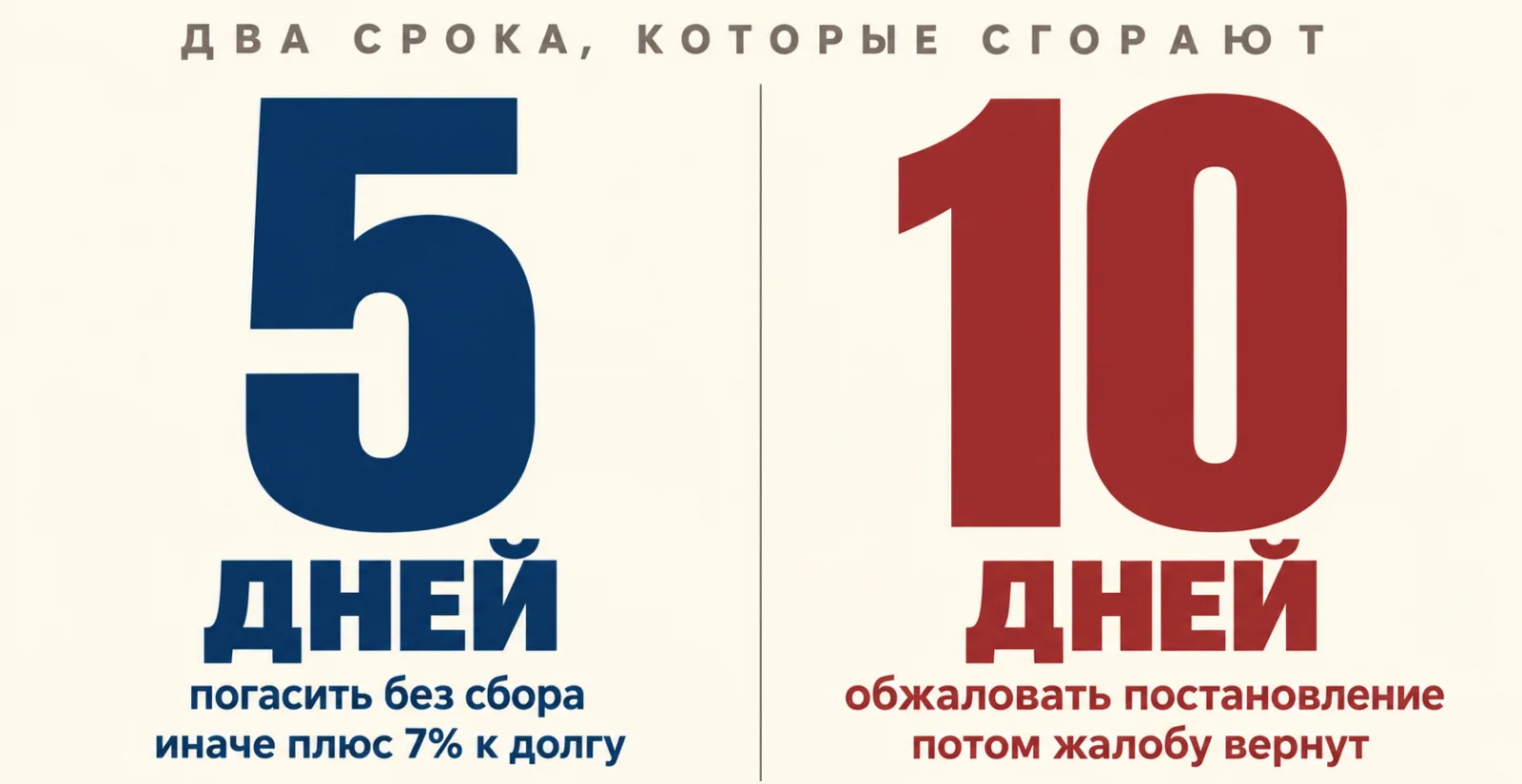 Два срока после ареста имущества: 5 дней на погашение без сбора и 10 дней на обжалование