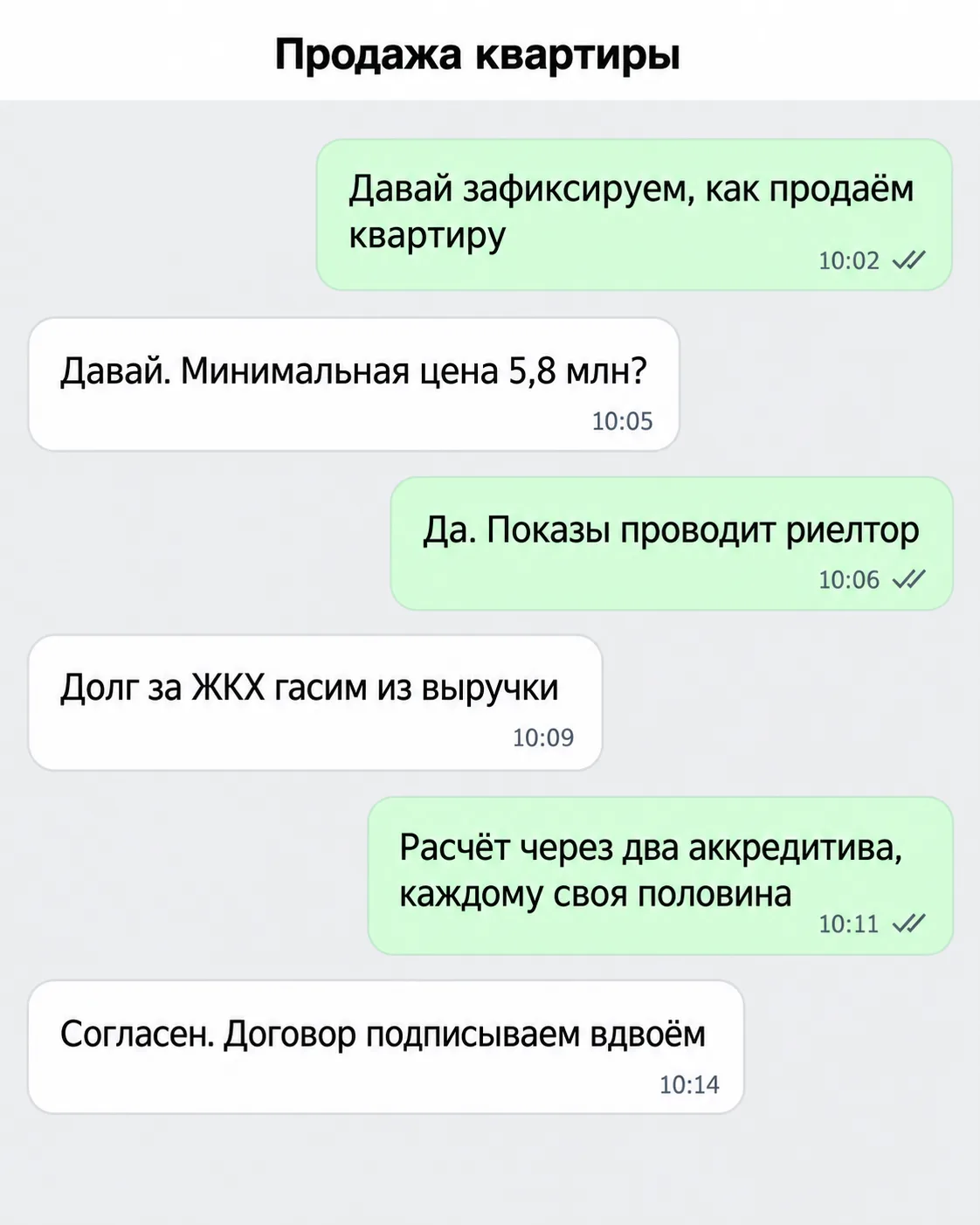 Переписка бывших супругов: договорились о цене, показах, долге за ЖКХ и расчёте через два аккредитива