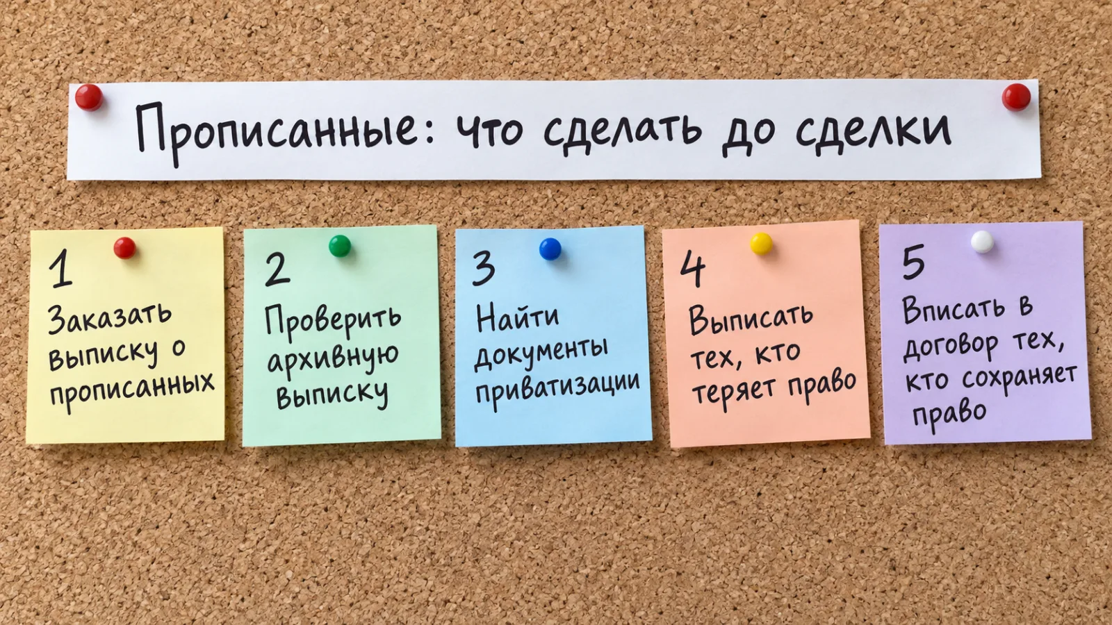 Доска со стикерами: пять шагов продавца квартиры с прописанными людьми до сделки