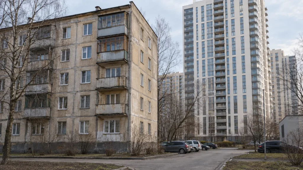 Старая панельная пятиэтажка рядом с новой высоткой — иллюстрация к разбору перехода из старой квартиры в новую