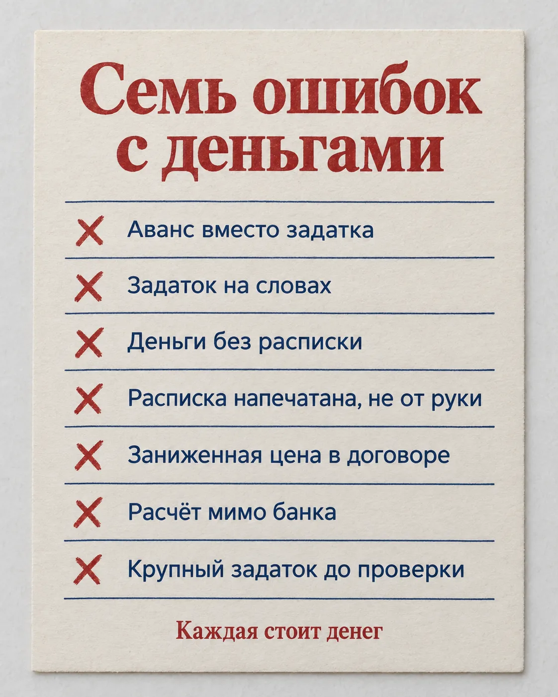 Карточка с семью ошибками при расчётах в сделке с квартирой