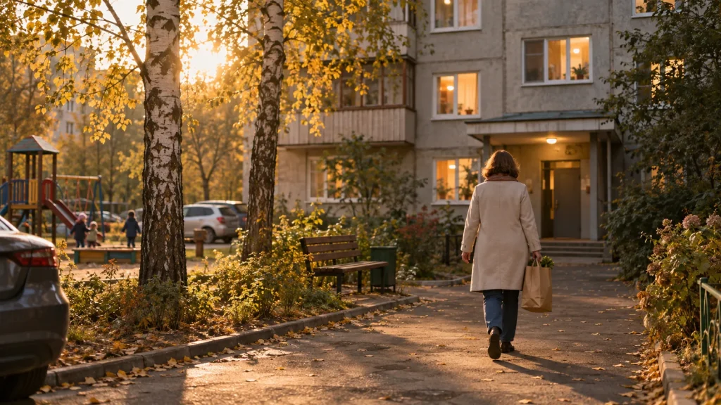 Женщина возвращается домой во дворе многоэтажки: как продать квартиру в залоге у частного лица и не потерять жильё