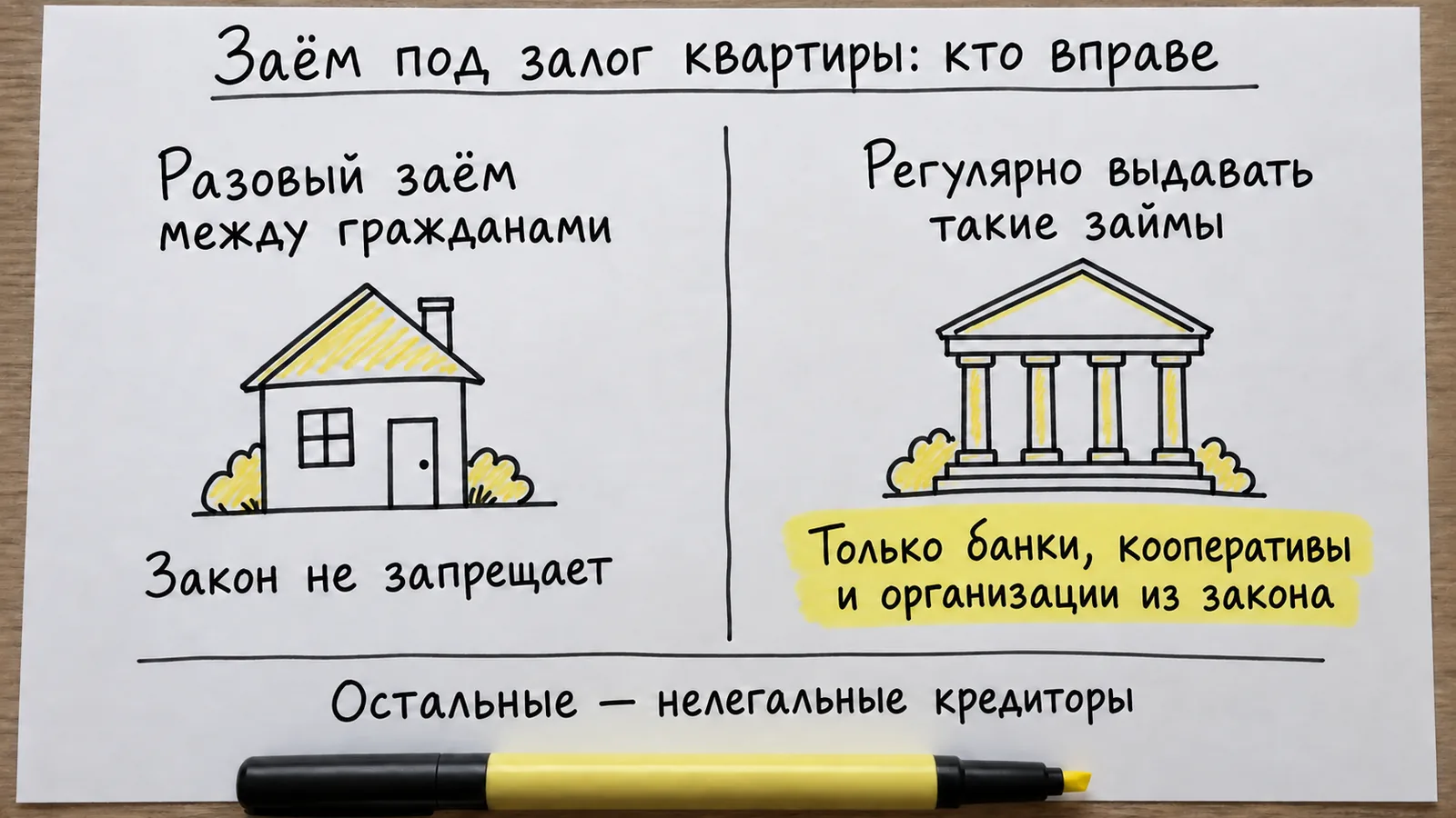 Рисунок от руки: разовый заём под залог квартиры между гражданами законен, регулярно выдавать такие займы могут только организации из закона