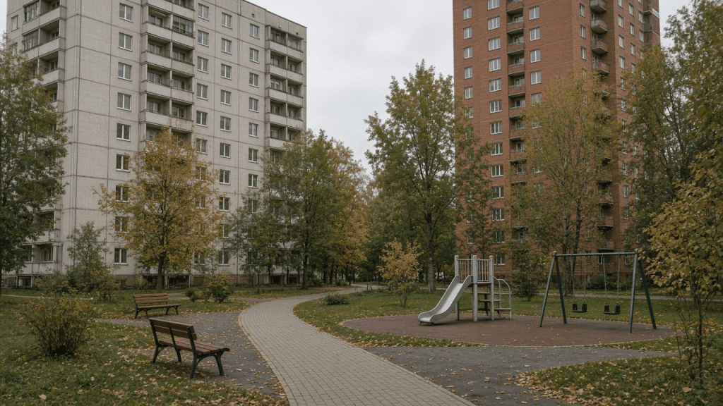 Осенний двор жилого квартала: слева светлый панельный дом, справа кирпичная башня, плиточная дорожка, две скамейки и небольшая площадка с горкой и качелями.
