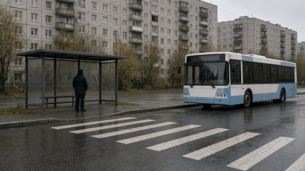 Мокрый асфальт у стеклянного остановочного павильона: человек в тёмной куртке стоит спиной, рядом бело-голубой городской автобус и пешеходная зебра.