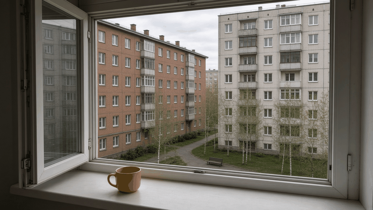 Вид из открытого окна на близко стоящие кирпичный и панельный дома, двор и берёзы. На подоконнике жёлтая чашка.