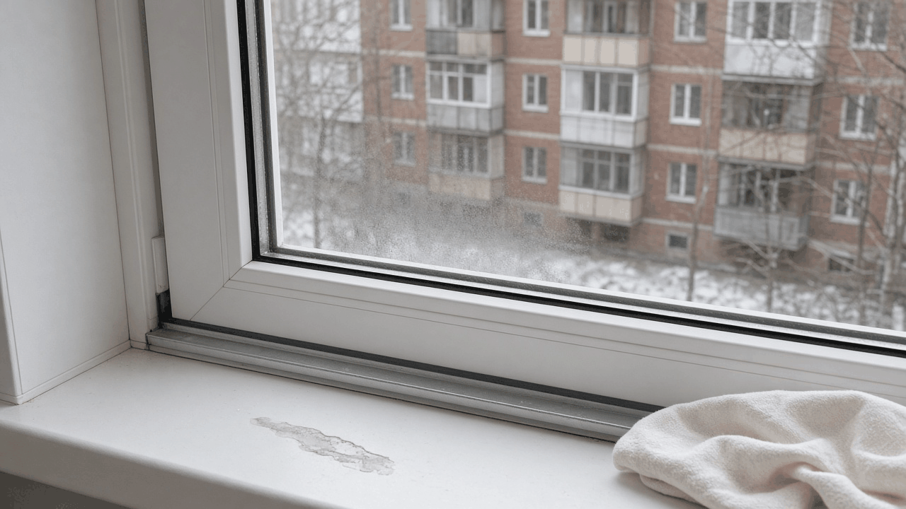 Нижний угол пластикового остекления лоджии: лёгкая испарина на стекле, след влаги на подоконнике и ткань рядом, за окном кирпичный дом.