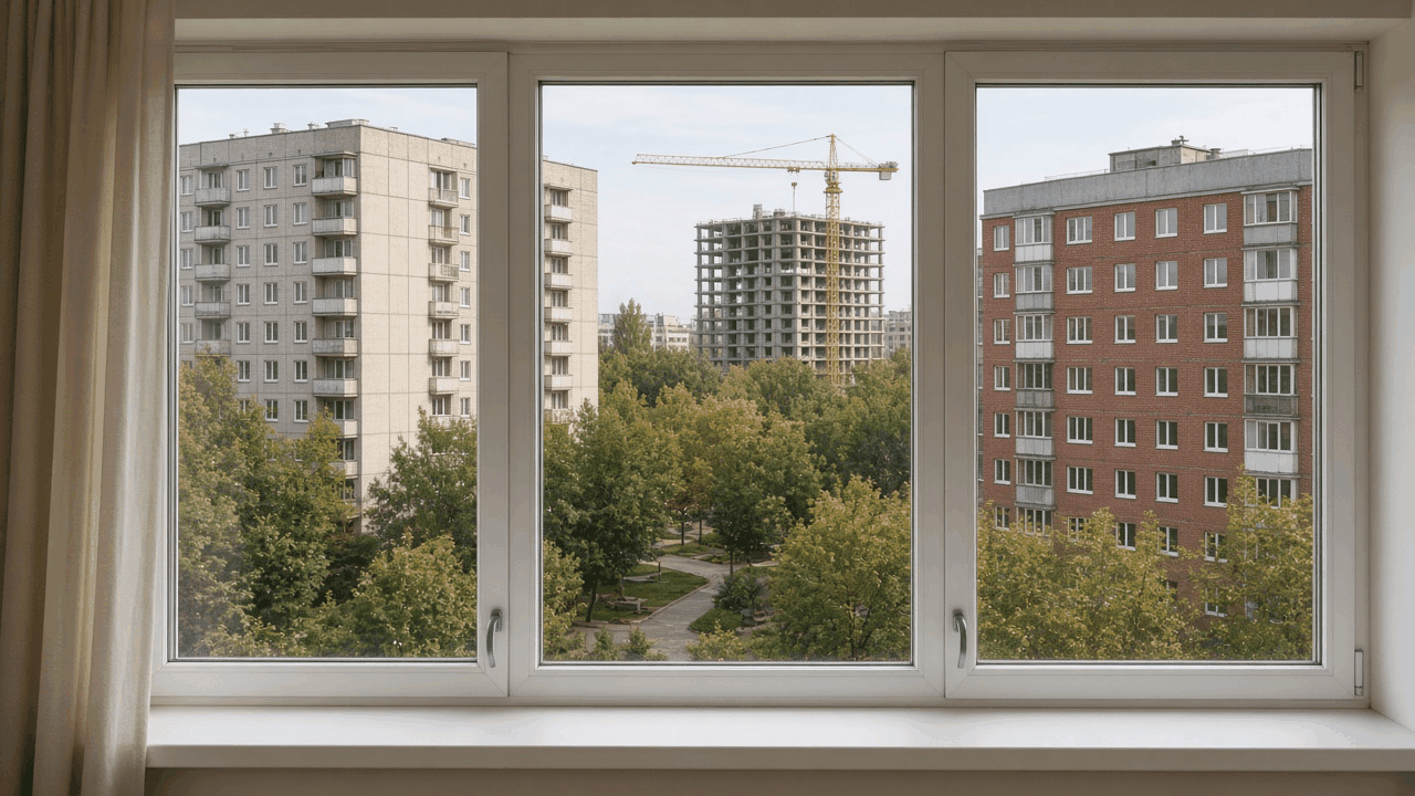 Вид из окна квартиры на зелёный двор: панельный дом слева, кирпичный дом справа, вдали недостроенный монолитный корпус и башенный кран.