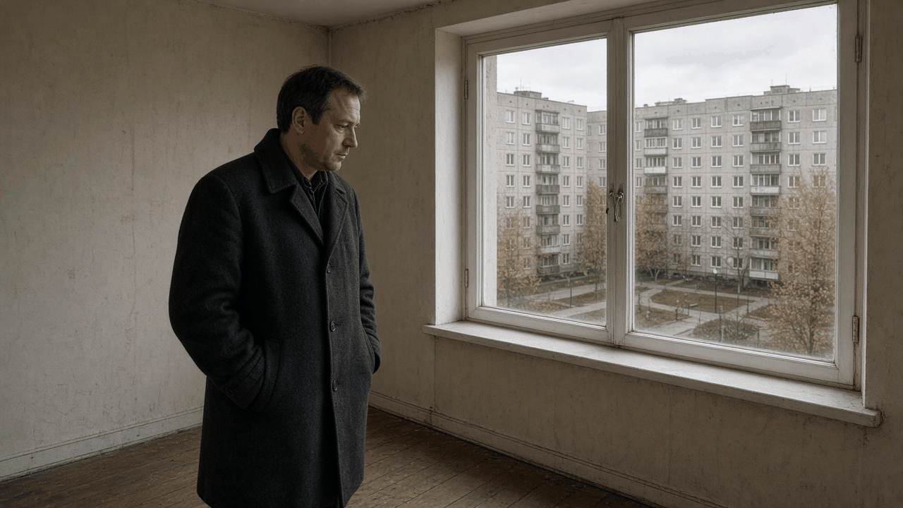 Мужчина в тёмном пальто спокойно осматривает пустую комнату, за окном панельные дома и двор.
