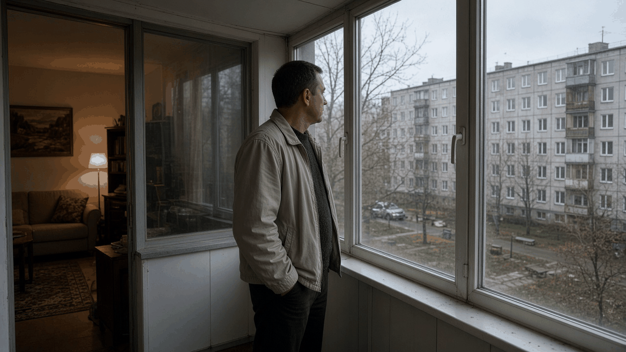 Взрослый мужчина в куртке спокойно смотрит на остекление лоджии в прохладный день, позади тёплая комната, снаружи панельный дом и двор.