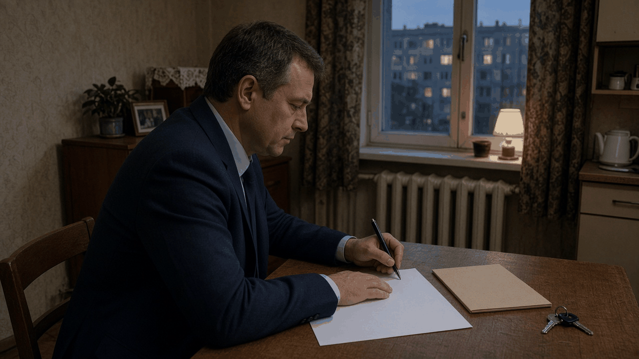 Человек в тёмном костюме сидит за столом с чистым листом, закрытой папкой без надписей и ключами.