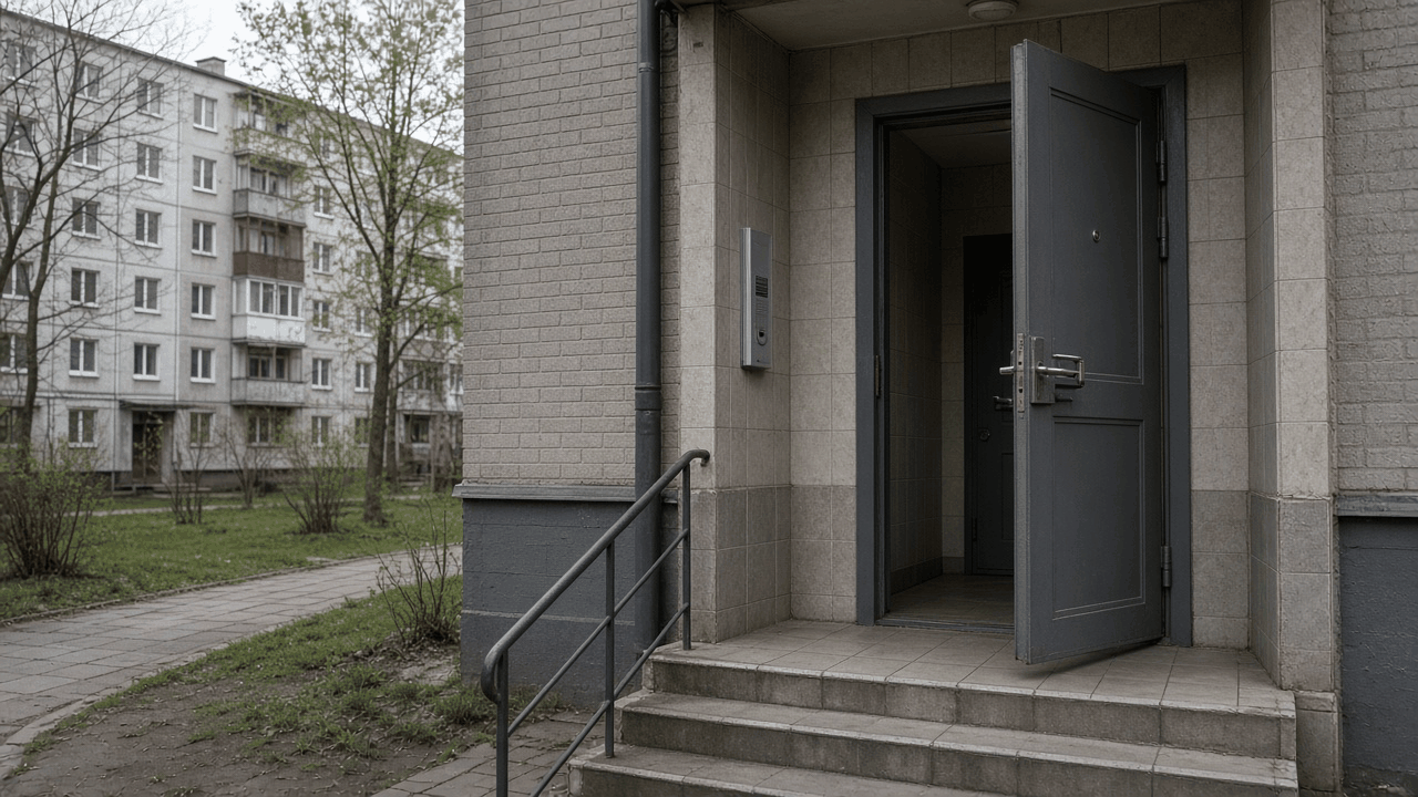 Вход в обычный многоэтажный жилой дом: открытая дверь подъезда, ступени и двор с панельными домами, без адреса.